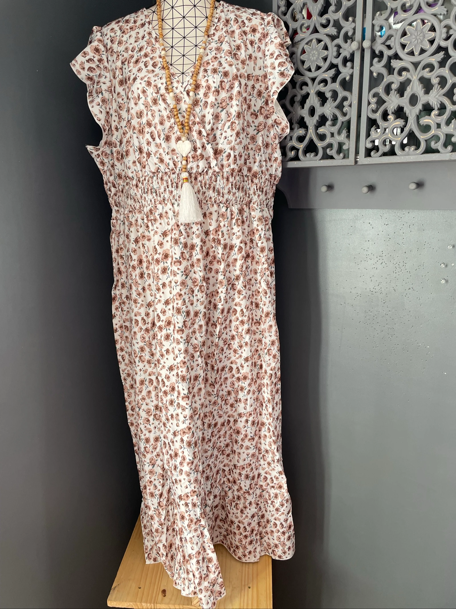 💖 vestido longo floral bege cru grande tamanho 54 fluido romântico boêmio chique 💖 – photo 6